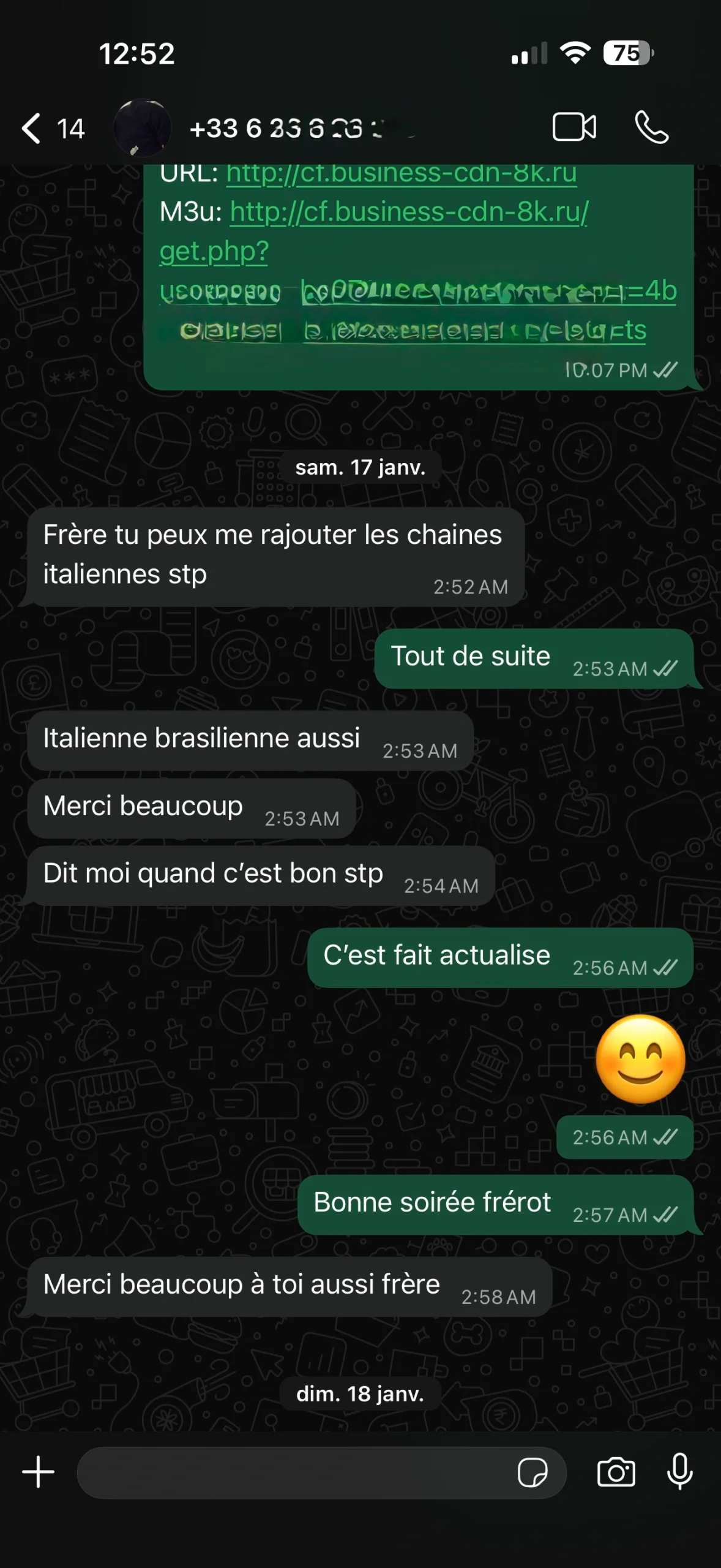 Capture de témoignage client IPTV France sur WhatsApp