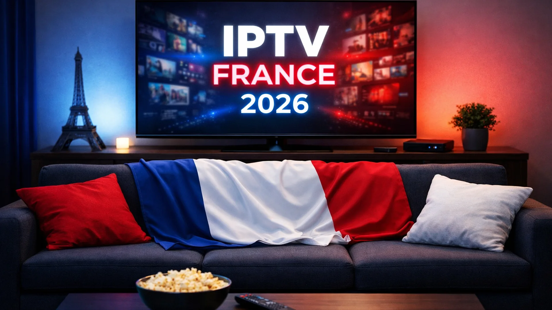 Salon moderne avec télévision et drapeau français - IPTV France VisionLiveTV